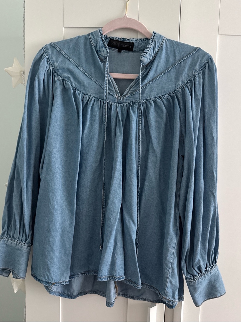 Zara Light Blue Denim Peasant Blouse with Tie Neck